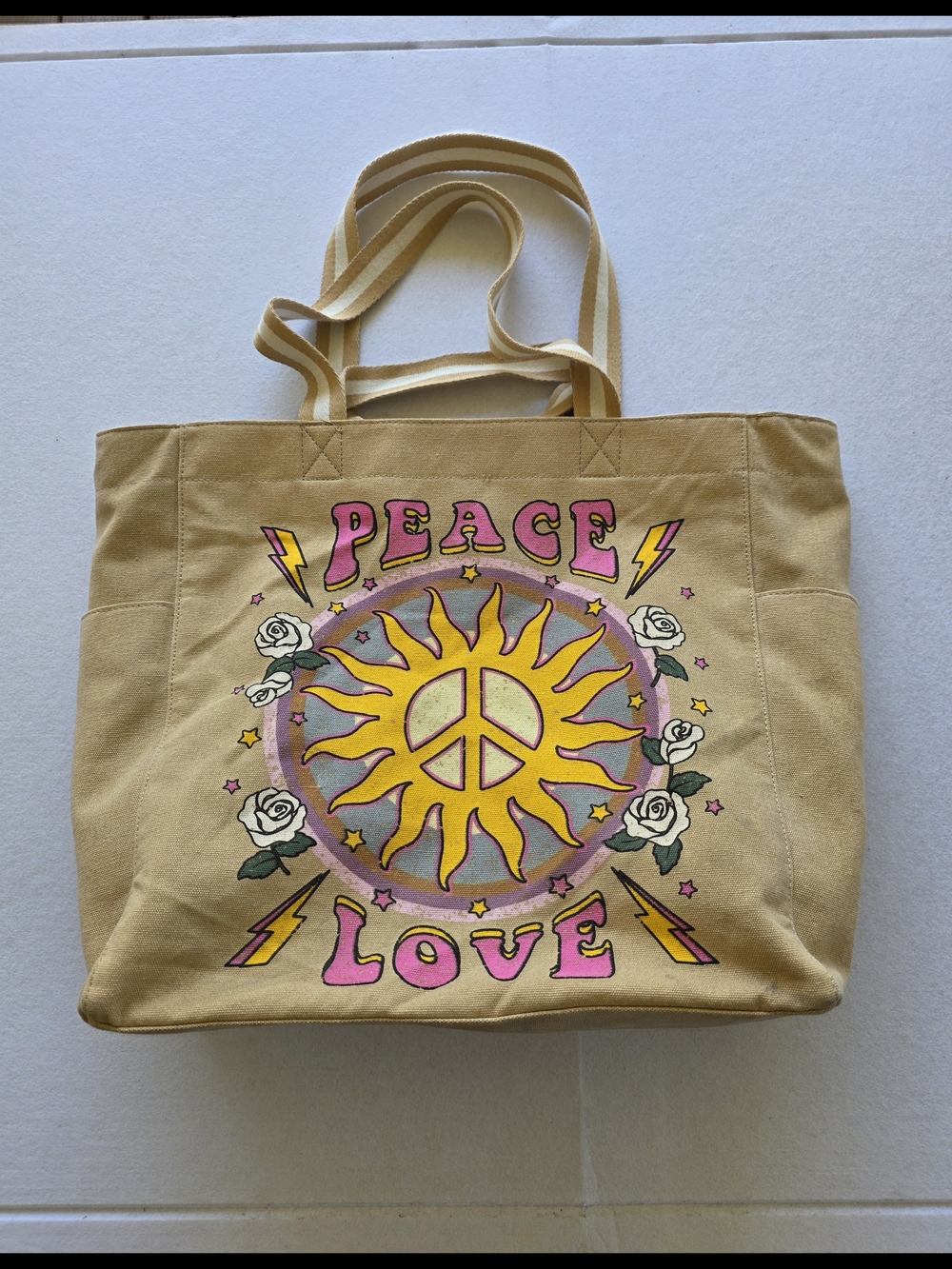 Peace Love Sun Graphic Canvas Tote - Tan
